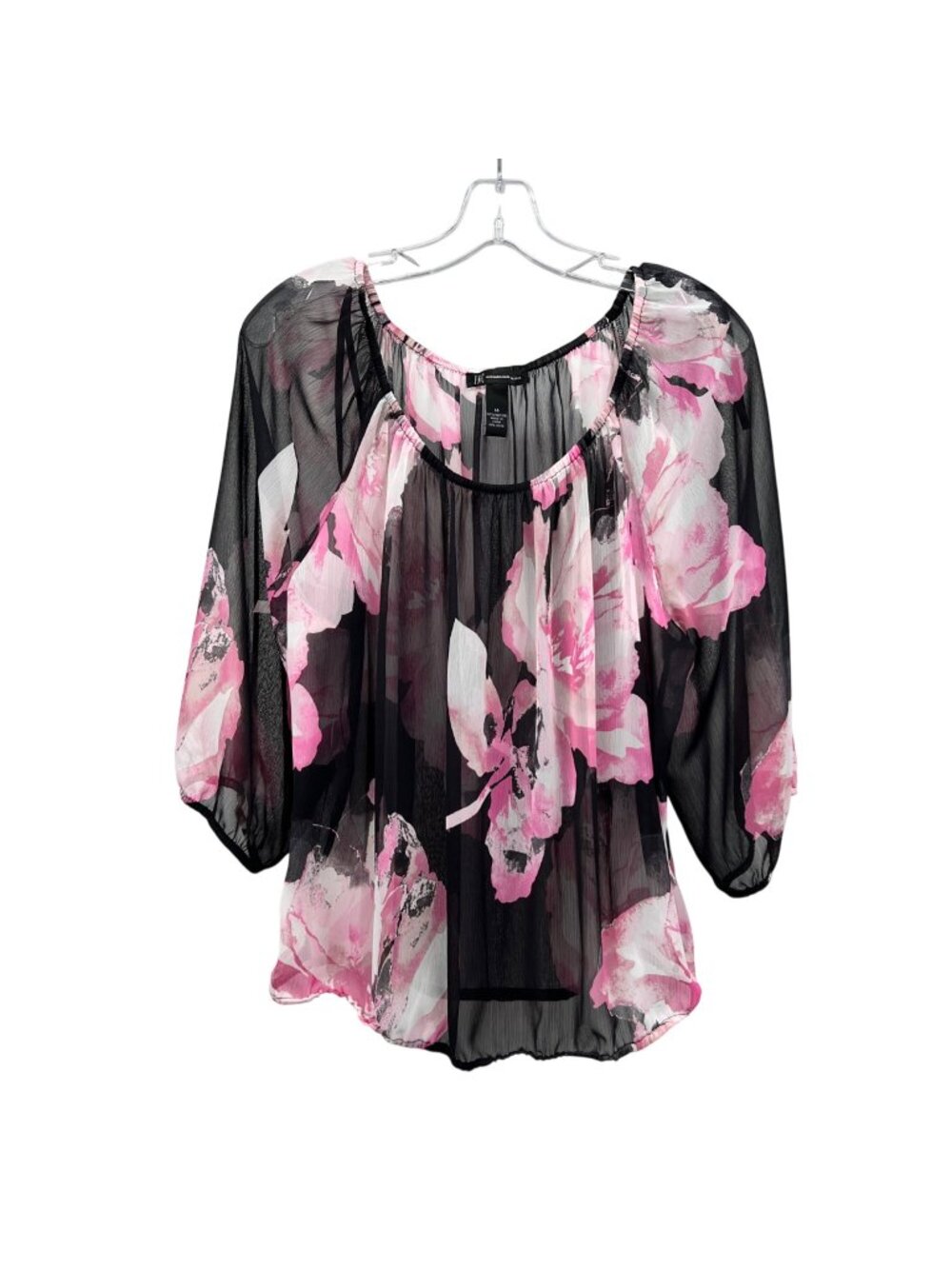 INC International Concepts Floral Chiffon Blouse Black/Pink 3/4 Sleeves Size 14